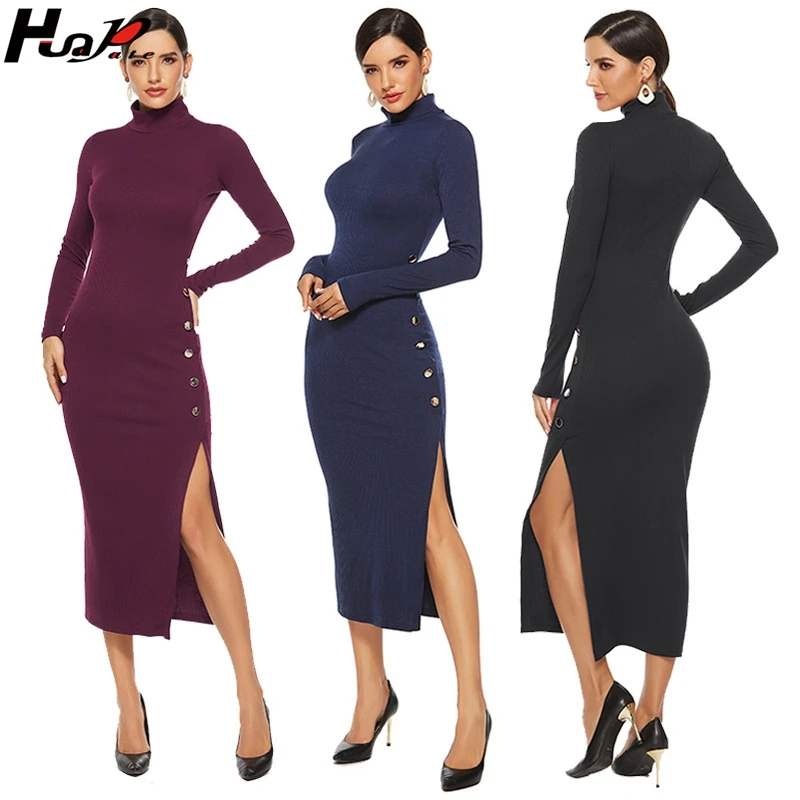 

Huapate 2019 autumn and winter foreign trade women's solid color side slit sexy long sleeve stretch Slim knit dress