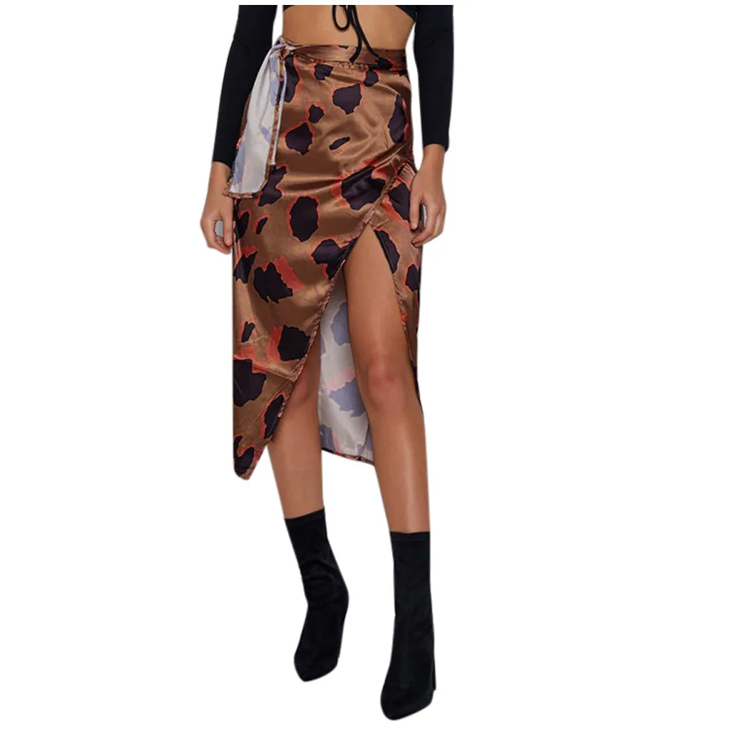Female High Waist Bandage Leopard Printing Wrap Satin Bow Sexy Split Skirts faldas mujer moda юбки женские кожаная юбка Female High Waist Bandage Leopard Printing Wrap Satin Bow Sexy Split Skirts faldas mujer moda юбки женские кожаная юбка