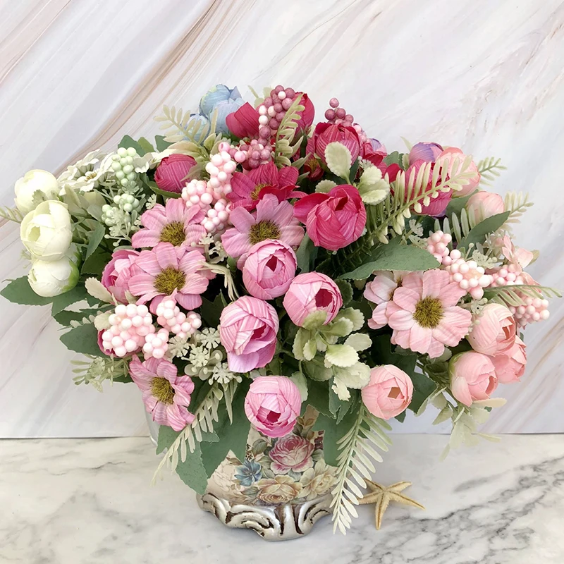 JAROWN 10 Heads Artificial Rose Small Flowers Bouquet Silk Fake Flowers Wedding Home Decoration Plant Leaves Decorative (1)