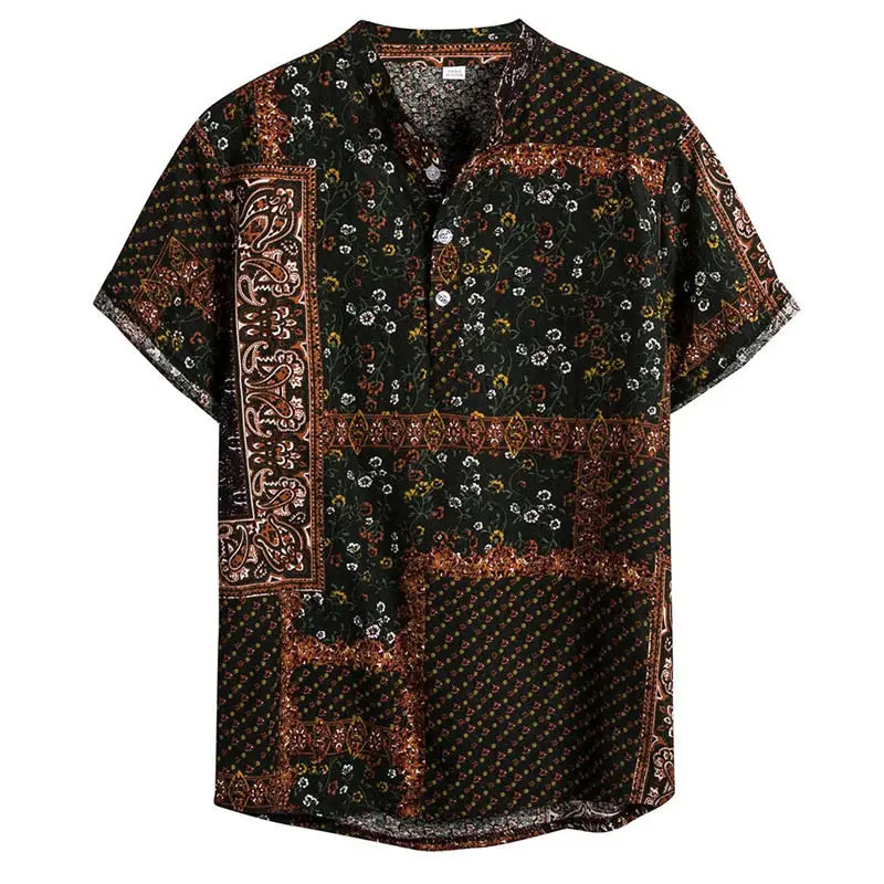 Green Мужская гавайская рубашка camisa, летняя Этническая Повседневная хлопковая льняная рубашка с коротким рукавом, мужская рубашка chemise homme, уличная одежда W - Color: Green