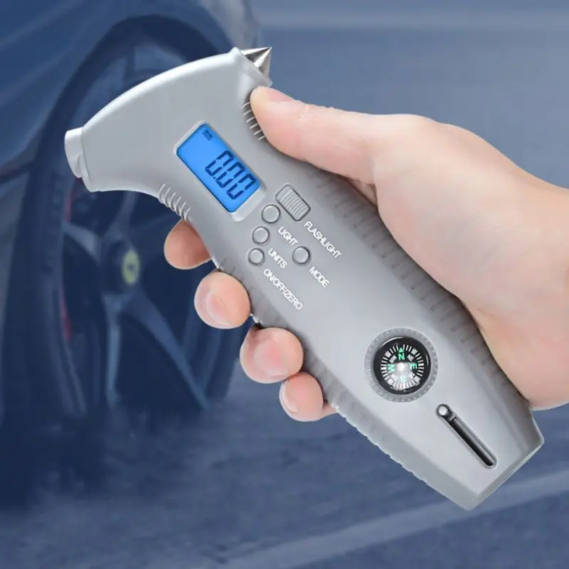 8in1 Digital LCD Car Tire Gauge Meter Portable Car Tire Tread Depth Safe Hammer Emergency Lighting Pressure Relief Valve