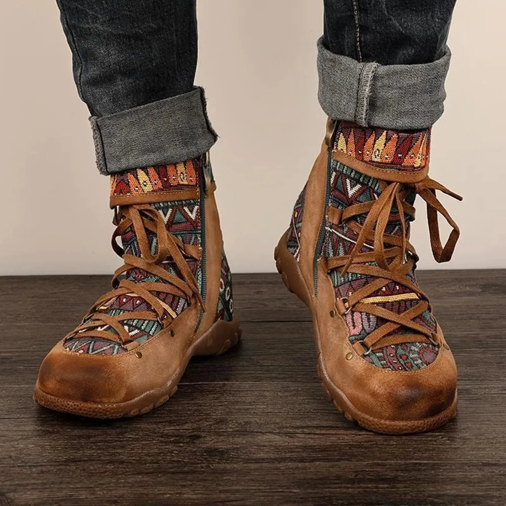 Boho Стиль зимние сапоги женские туфли на каблуках Туфли ретро-богемный стиль