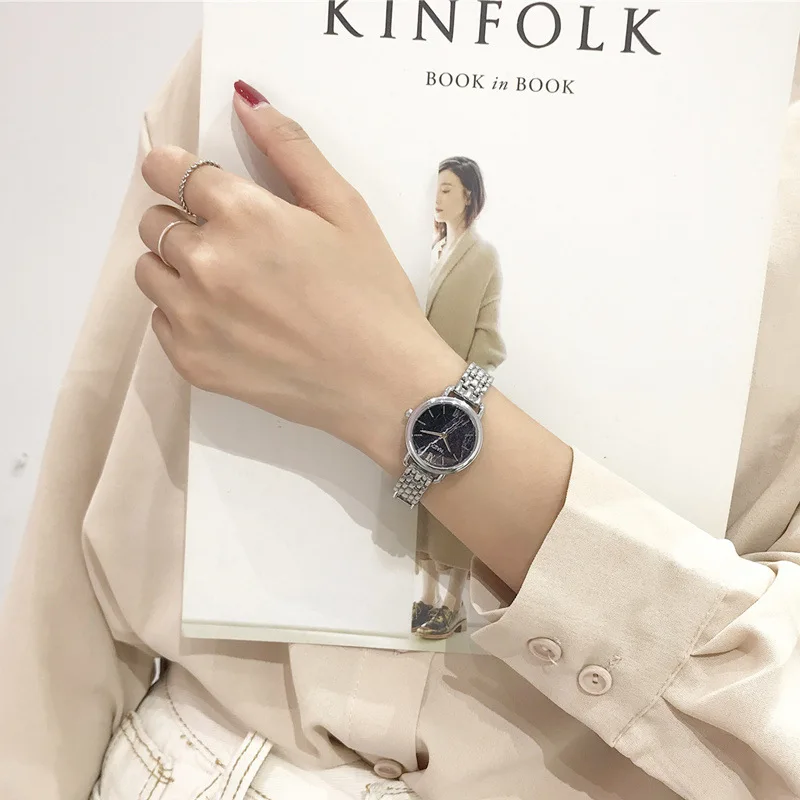 Women Fashion Luxury Golden Stainless Steel Watches Veins Dial Design Casual Ladies Wristwatches Female Quartz Clock Gifts - Цвет: Silver black