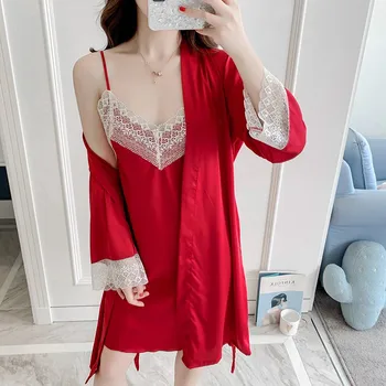 

Fashion Sexy Solid Color Women's Pajamas Simple Beautiful Sling Nightdress Robe 2 Pieces Sets