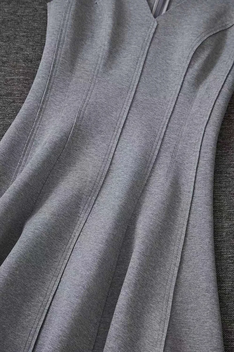 Top Quality New Cotton Dress 2020 Autumn Winter Vestidos Women V-Neck Pleated Stitching Sleeveless Mid-Calf Grey Casual Dress