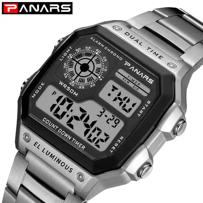 men 8113 silver PANARS часы для мужчин спортивные цифровые часы хронограф водонепроницаемые часы из нержавеющей стали бизнес наручные часы Мужские часы Relogio Masculino - Цвет: men 8113 silver