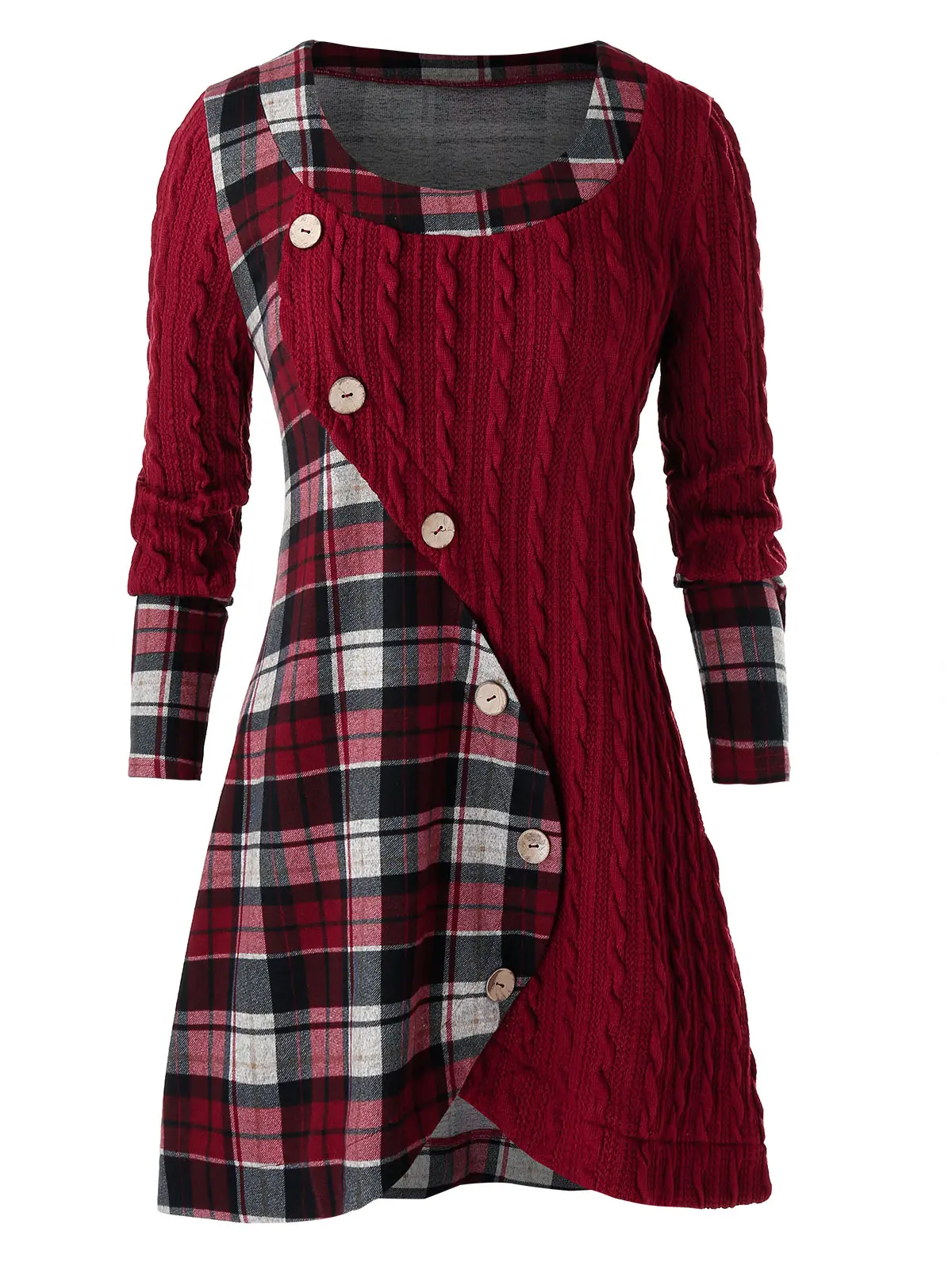 Plaid Splicing Crew Neck Sweater Button 