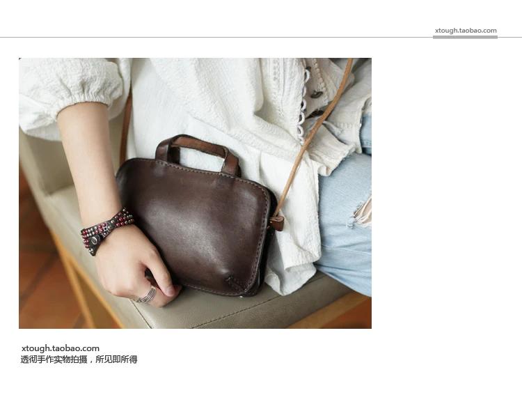 Retro genuine leather women handbag female small shoulder crossbody bag portable ladies vegetable tanned leather mini slung bags