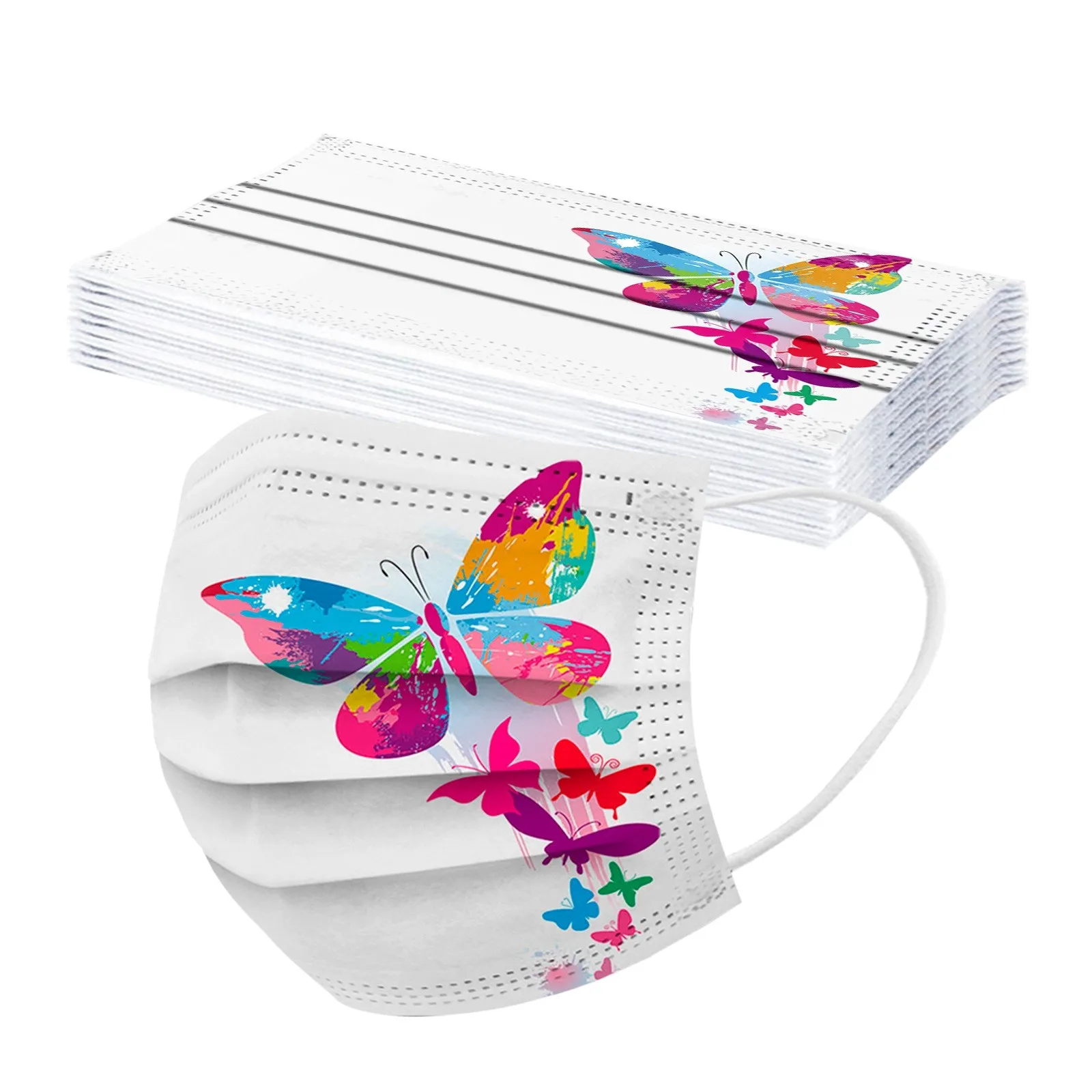 10/50pcs Disposable Non-woven 3-layer Filter Mask Butterfly Printed Women Man Mouth Face Mask Adult Breathable Black Facemask