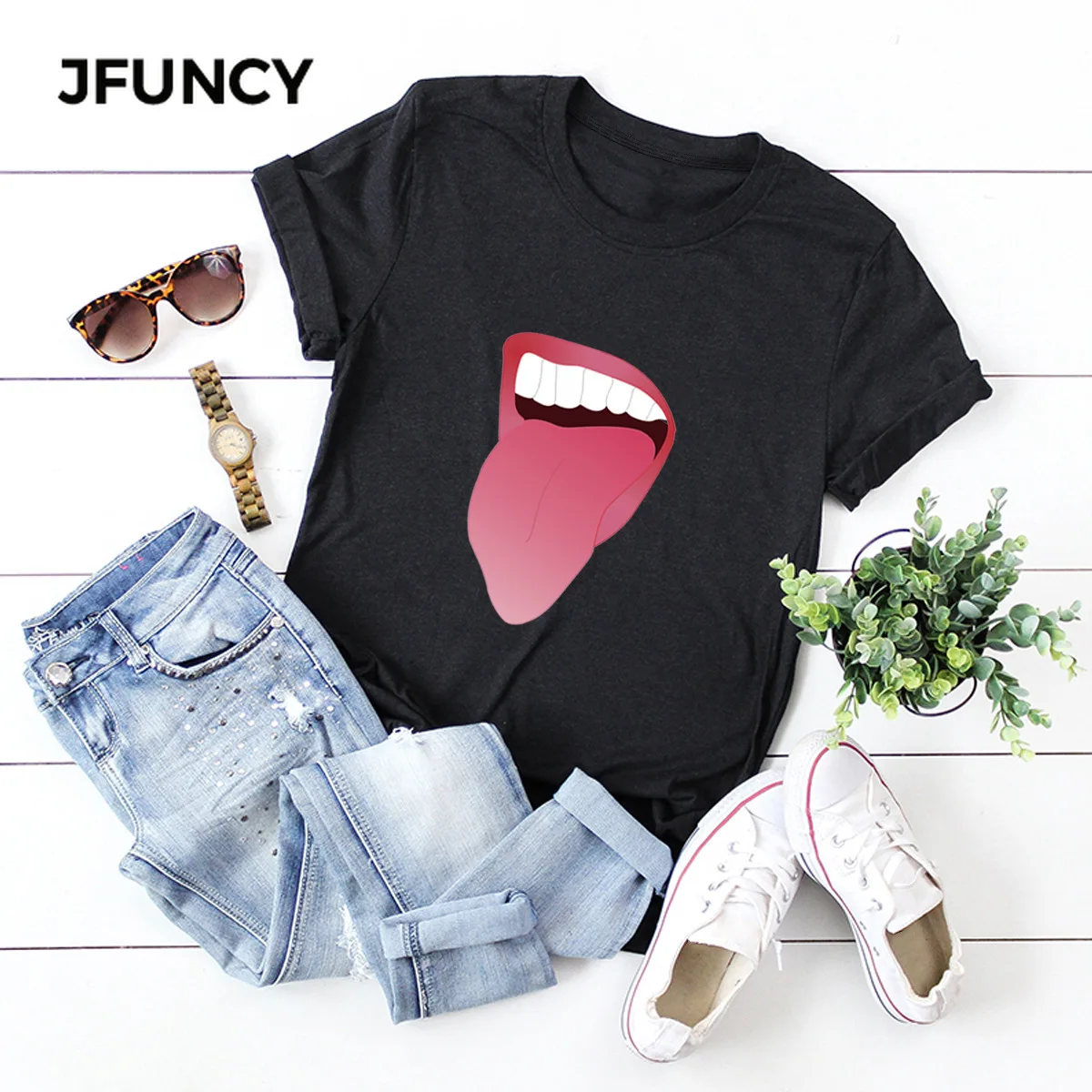 

JFUNCY Spoof Funny Printed 100% Cotton Summer T-shirt Plus Size Women Tshirt Casual Short Sleeve Mujer Shirts Woman Tees Tops