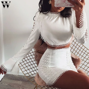 

Womail Women Tracksuit elegant Lace white bodycon mini dress two piece suit flare sleeve Autumn short sexy party club holiday