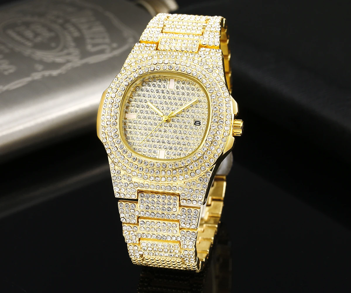 Шикарные часы Iced Out, мужские золотые часы в стиле хип-хоп с бриллиантами, мужские часы, лучший бренд, роскошные стальные мужские часы с датой, мужские часы