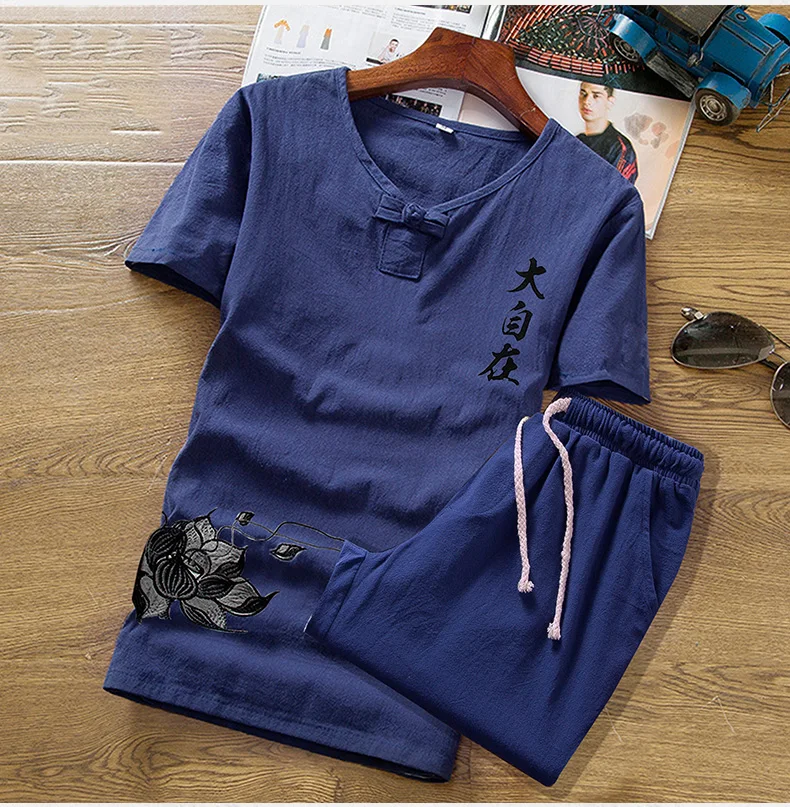 Short-sleeved T-shirt Men V-neck Suit VogueShorts Clothes Summer Clothing Set Button Summer Print Linen Set M-5XL