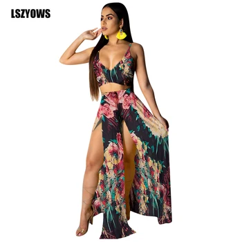 

Summer Chiffon Floral Print Two Piece Set Women Casual Beach Outfit Straps Crop Tops and High Split Long Skirt Suits 2 Piece Set