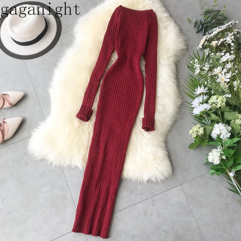 Gaganight Autumn Winter Warm Women Maxi Dress Thick Long Sleeves Slash Neck Bodycon Dresses Long Knitted Lurex Solid Slim Sexy