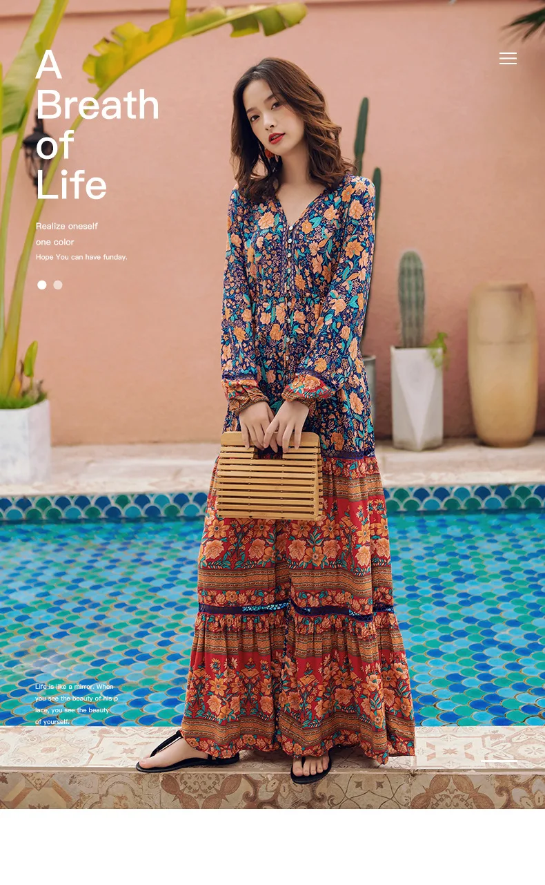Turkey Bohemian Printed Long Sleeve Exotic Holiday Dress Women's Spring And Autumn Thailand Nation feng zhang Skirt
