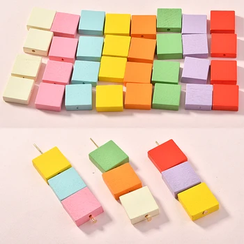 

New 60pcs/lot 15mm color print geometry square shape Straight hole wood beads diy jewelry earring/garment accessory