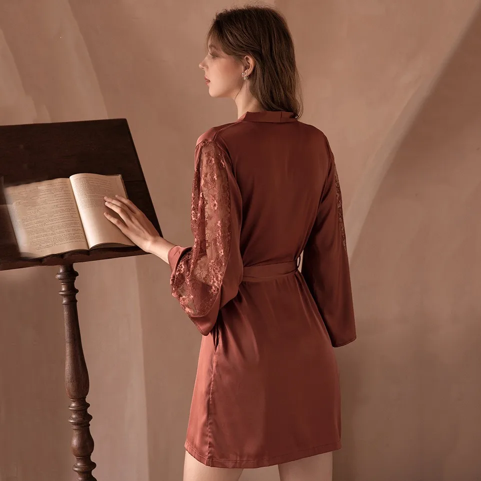 Women Sexy Robe Set Sleepwear Faux Silk Kimono Gown Lacee Lingerie Nightdress Soft Perspective Bridal Wedding Gift women dress women sleepwear bride robes silk robe sleepwear pajamas cotton bathrobe