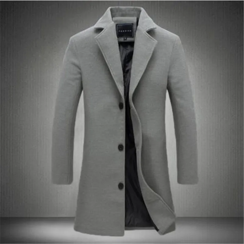 Winter New Fashion Men Solid Color Single Breasted Long Trench Coat / Men Casual Slim Long Woolen Cloth Coat Large Size 5XL