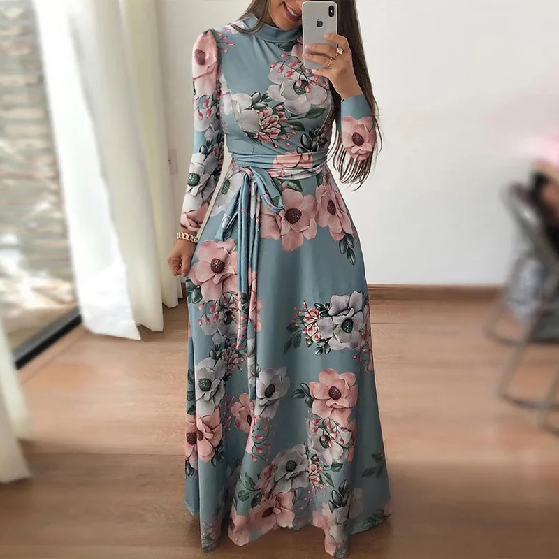 New Women Summer Dress Casual Short Sleeve Long Dress Boho Floral Print Maxi Dress Turtleneck Elegant Dresses Maternity Vestido - Цвет: AF084 green