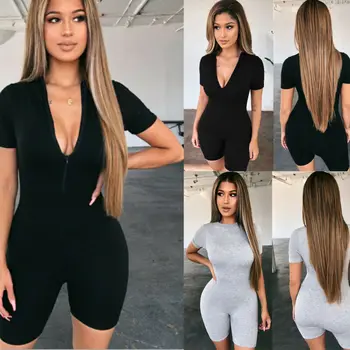

Women Ladies V Neck Skinny Bodysuit Zipper Up Slim Fit Wear On Both Sides Jumpsuit Bodycon Short Sleeve Stretch Leotard Tops