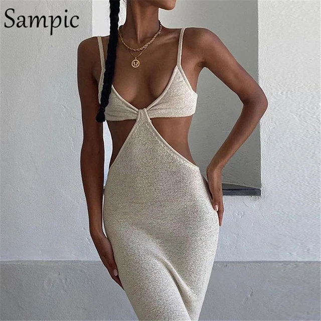 Sampic 2021 Women Strap Khaki Hollow Out Sexy Long Party Bodycon Dress Ladies V Neck Backless Night Club Cut Out Wrap Dress 1