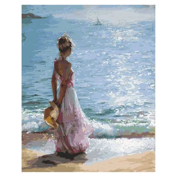 

Girl DIY Oil Painting Paint By Number Kit-Facing the Sea 16x20 Inch (Frameless)