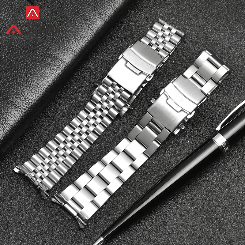 Men's Stainless Steel Curved End Watch Band with Folding Buckle, 20/22mm
