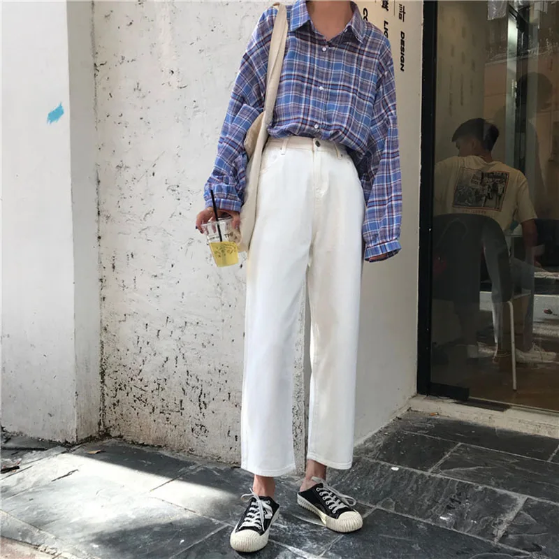 Джинсы Kawaii, однотонные, простые, с высокой талией, прямые, универсальные, Harajuku, корейский стиль, студенческие, длиной до щиколотки, женские брюки на молнии