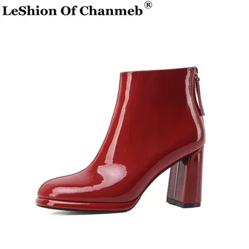 

Women Short Boots Shoes Real Leather Platform Square High Heel Red Ankle Boots Round Toe Zip Patent Leather Boots Lady White 42