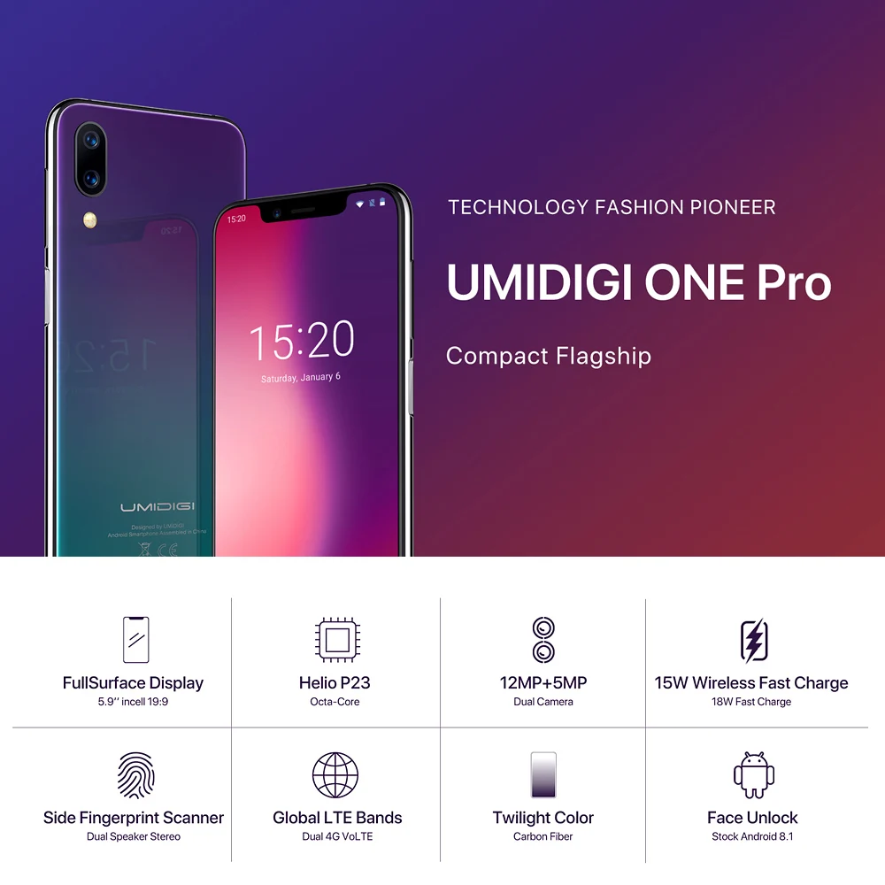 UMIDIGI One Pro, глобальная полоса, 4 ГБ, 64 ГБ, 5,9 дюйма, Android 8,1, мобильный телефон, Беспроводная зарядка P23, восьмиядерный смартфон NFC12MP+ 5 МП, двойной 4G