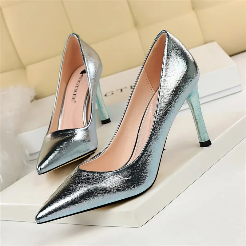 

BIGTREE 2020 Spring Women 8.5cm Reflective Heels Pumps Designer Blue Gold Silver High Heel Plus Size Luxury Wedding Party Shoes