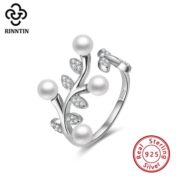 

Rinntin 925 Sterling Silver Olive Tree Leaves Pearl Opening Rings Women Elegant Adjustable Knuckle Party Jewelry TSR118