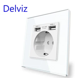 EU Standard Wall Power Outlet with Tempered Glass Panel and Dual USB Charging Ports - White (with USB)