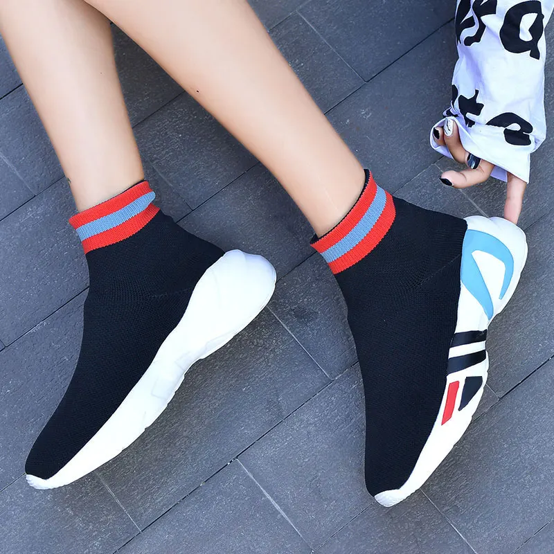 MWY High Top Casual Sock Shoes Woman Flying Woven Vulcanized Sneakers Schoenen Vrouw Soft Outdoor Walking Trainers Shoes