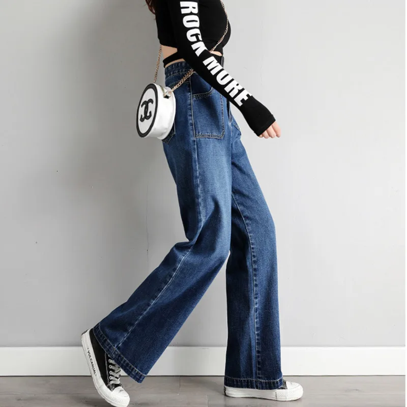 Koop #3208 2020 Herfst Toevallige Hoge Taille Boyfriend Jeans Voor Vrouwen Blauw Grijs Hoge Taille Wijde Pijpen Jeans Losse Volledige lengte Straight