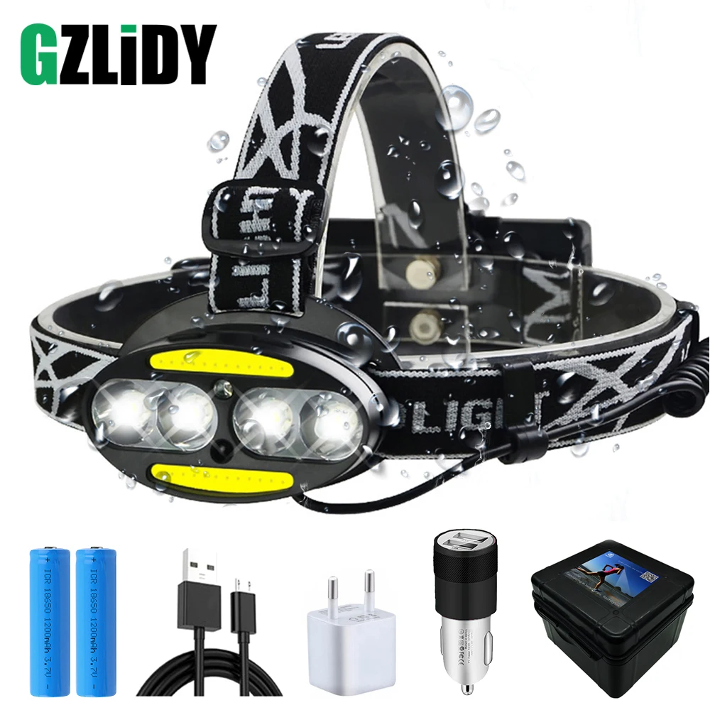 Супер яркий светодиодный налобный фонарь 4 x T6 + 2 COB Красный водонепроницаемый 7