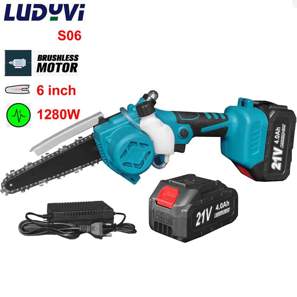 Brushless Electric Saw 1280W 6Inch 6M/S Chain 21V 4000mah Battery Cordless Chainsaws Woodworking Tools Garden Trimmer | Инструменты