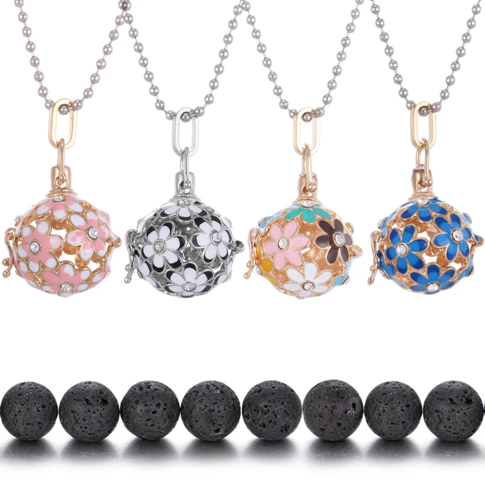 

Diffuser Necklace Enameled Daisy Sunflower Ball Lava Rock Essential Oil Diffuser Bohemian Angel Caller Locket Pendant Necklace