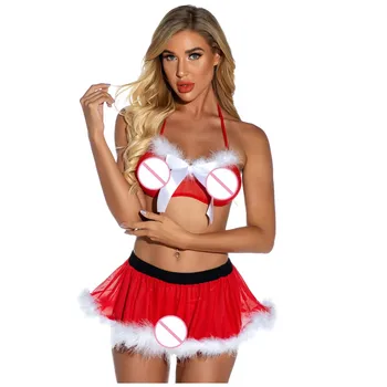 

Women Sexy Christmas Lingerie Pajama Thong Backless Bow Bra Mini Dress Set