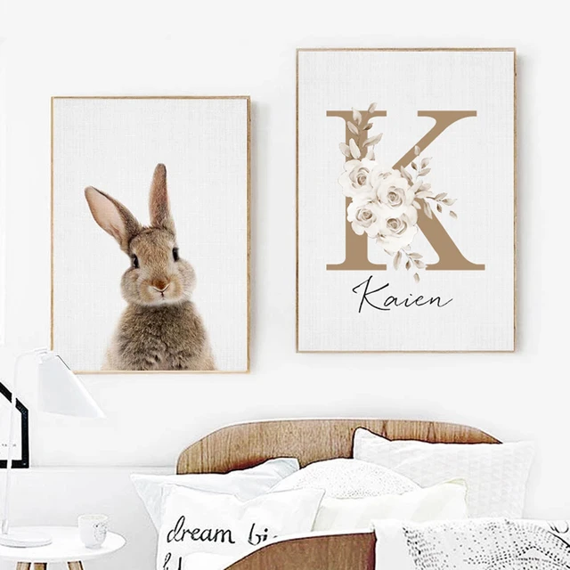 Personalized Poster Baby Name Custom Canvas Painting Nursery Print Pictures  Bunny Rabbit Wooden Wall Art for Girls Bedroom Decor - AliExpress