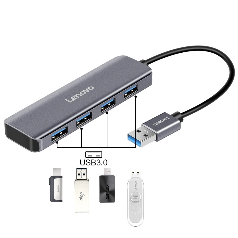 Lenovo-Adaptador de concentrador USB 3,0, divisor de 4 puertos de aluminio para PC, portátil, Notebook, Macbook, accesorios expansores de periféricos 1