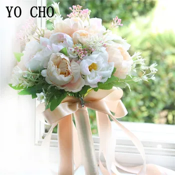 

YO CHO Champagne Bridal Bouquet Flower Artificial Silk Peony White Flower Bouquet Fake Peony Flowers Bridesmaid Wedding Bouquets