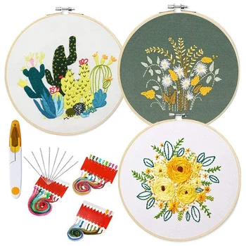 

3 Pack Embroidery Starter Kit with Pattern Cross Stitch Set Stamped Embroidery Kits with Embroidery Tools Kit