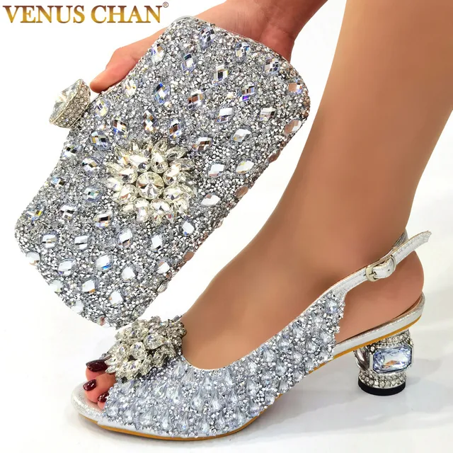 New silver color Nigerian women's shoes and bags Party shoes with bags African fashion shoes and bags Wedding shoes and bags 1