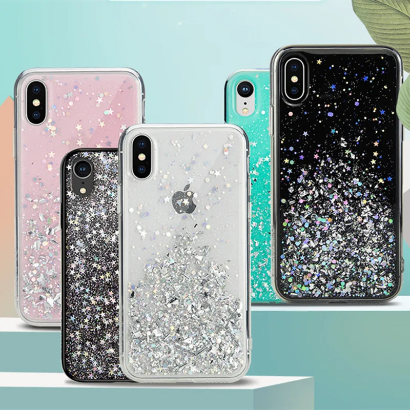 Блестящий блестящий чехол с блестками для iphone 11 8 7 6 S Plus эпоксидной звездой Pro MAX X XR