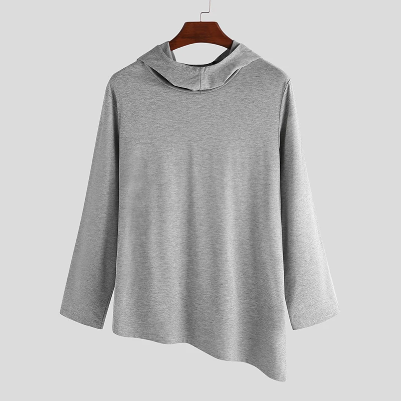 Gray T Shirt INCERUN, модная мужская Однотонная футболка с асимметричным подолом, водолазка, длинный рукав, с капюшоном, футболки, мужская уличная одежда, повседневная рубашка - Цвет: Gray T Shirt