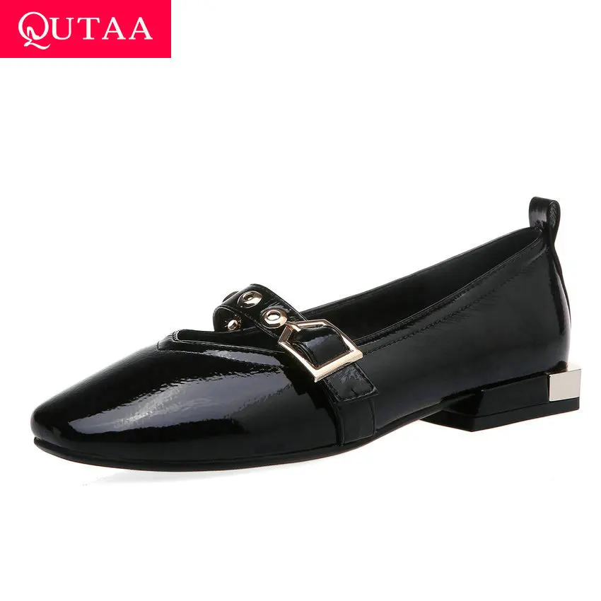 

QUTAA 2020 Square Toe Spring Autumn Buckle Ladies Pumps PU Patent Leather Square Heel Casual Women Single Shoes Big Size 34-43
