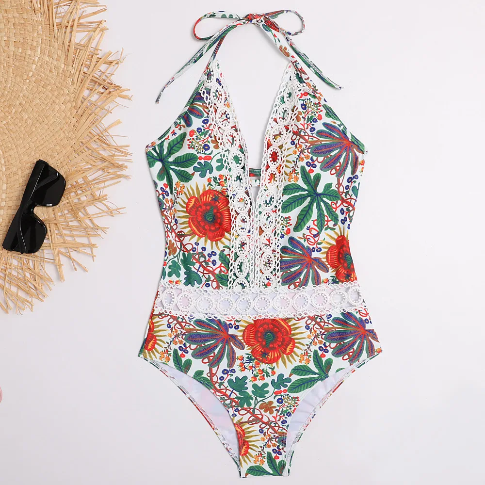 

2020 Sexy Floral Print Swimwear Women Swimsuit Backless One Piece Swimsuit Bandage Beachwear Lace Bathing Suit Swim Monokini