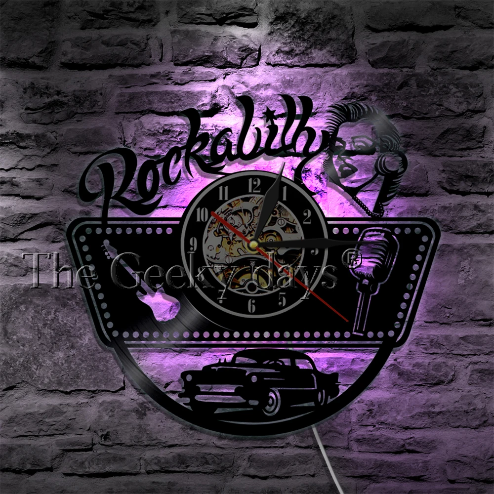 Rockabilly виниловые настенные часы современный дизайн рок музыка силуэт Vinly часы с светодиодный освещение настенные домашние декоративные часы 12"
